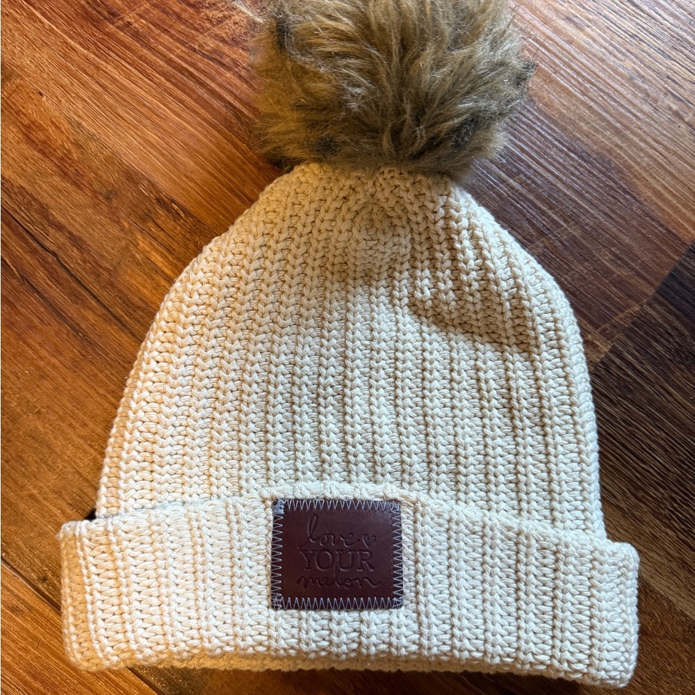 Love Your Melon Cream Knit Beanie with Brown Pom-Pom
